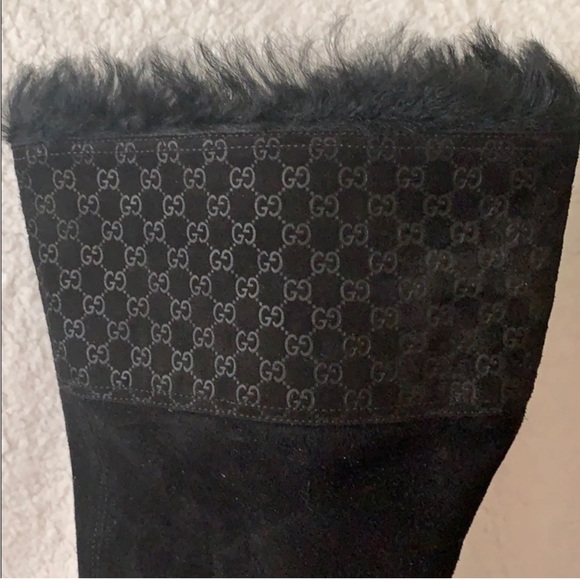 GUCCI Black Suede Courtney Microguccissima Logo Wedge Knee High Boots 37.5 - Picture 11 of 11